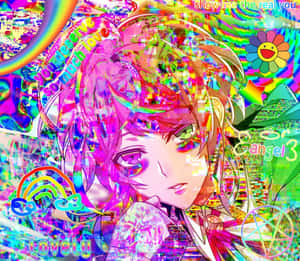 粉紅頭髮綠眼睛的動漫女孩，在充滿故障效果的彩虹數碼場景中。