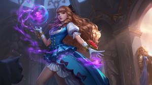 藍裙動漫女孩在哥德式大教堂中施展紫色魔法，與黑貓一起。