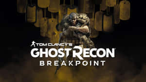 一名身穿戰鬥裝備的士兵站在懸掛的狗牌下方，帶有《Ghost Recon Breakpoint》標題。