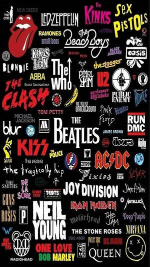 Wallpaper 展示著名搖滾樂隊如 The Beatles 和 Led Zeppelin 的標誌。