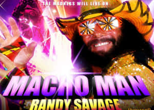 Macho Man Randy Savage 穿著色彩繽紛的服裝和太陽眼鏡，帶有發光效果。