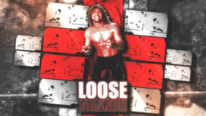 長髮摔角手在紅白潑濺的十字架和'LOOSE CANNON'文字前咧嘴而笑。 — WWE GIF 壁紙