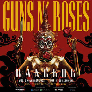 Guns N' Roses 演唱會海報， featuring 一個拿著槍和玫瑰的泰國惡魔。 — 龍 壁紙