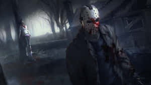 Jason Voorhees帶著血跡斑斑的面具和外套，在夜晚的迷霧森林中。 — 鬼滅之刃面具 壁紙
