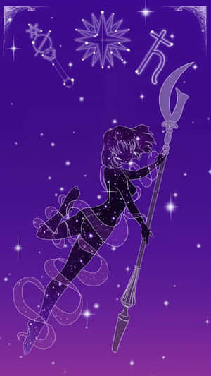 動漫女孩帶有星星剪影，在紫色星空中手持新月杖。