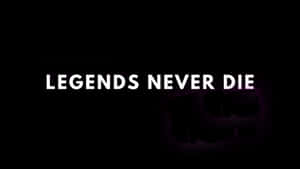 粗體白色文字 legends never die 在黑色背景上帶有紫色光芒