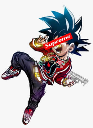 藍色頭髮和Supreme標誌的動漫角色，穿著街頭服飾手持槍支。 — 格古達黑 壁紙