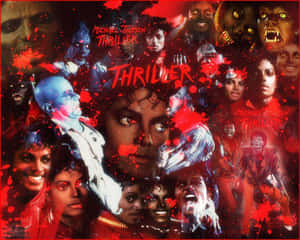 Michael Jackson Thriller 音樂錄影帶拼貼畫，紅色潑濺中的殭屍和舞者。