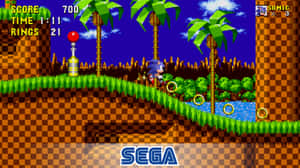 Sonic the Hedgehog 喺一個有光環同棕櫚樹嘅像素化叢林關卡中奔跑。