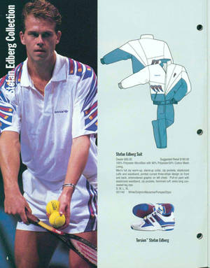 網球運動員 Stefan Edberg 身穿 adidas 裝備，手持球拍和網球，附有產品細節。 — 運動 壁紙