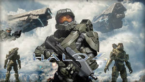 Halo 4的盔甲士兵和戰艦飛過雲層。