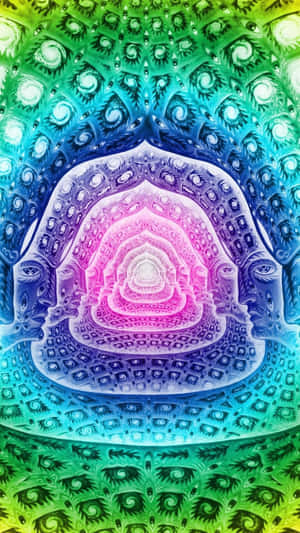 充滿活力的分形隧道，帶有重複的眼睛圖案和彩虹漸變