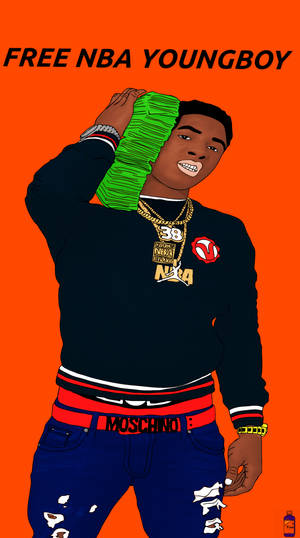 NBA Youngboy 在鮮豔橙色背景插圖中手持一疊現金。
