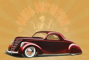 紅色復古熱棒車，骷髏司機在「Social Distortion」標誌下。 — 復古 壁紙