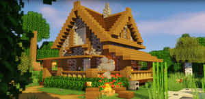 舒適的Minecraft小屋，有壁爐，白天被樹木和鮮花環繞。