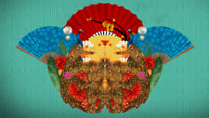 青綠色圖案背景上的對稱孔雀扇子和花卉設計。 — 唐人街 GIF 壁紙