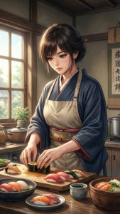 動漫女性穿著和服在傳統日本廚房裡做壽司，有陽光照射。