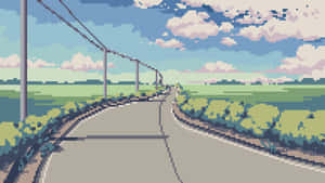 像素化道路蜿蜒穿過綠色田野，上方是藍天和白雲。