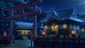 夜晚日本神社，燈籠閃爍，鳥居，星空。