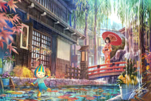 一個吉祥物在日本橋附近的雨水坑中玩耍，旁邊有一個穿著和服的女孩拿著紅色雨傘。 — 黑暗日系 壁紙