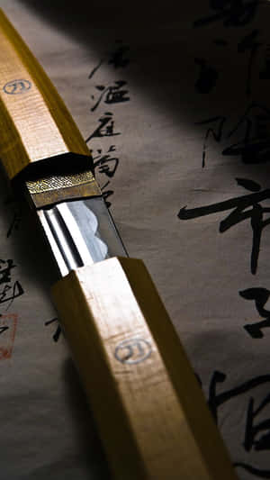 日本刀的特寫，放在書法紙上，木柄和金屬刀片。 — 武士 壁紙