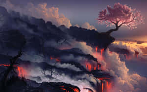 一棵櫻花樹站在火山懸崖上，有流動的熔岩和霧氣雲層，在日落時分。