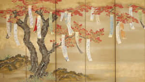 一幅日本屏風畫，畫中有一棵楓樹，帶有紅葉和懸掛的紙祈禱。 — 抽象藝術 壁紙