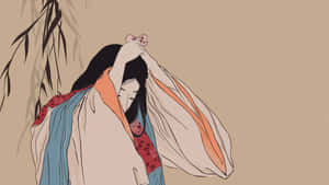 動漫女子身穿傳統長袍，在柳枝下手持櫻花。