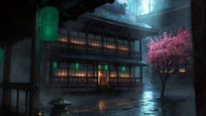 雨夜場景，發光的日本房屋和粉紅色的櫻花樹。 — 天際線 壁紙