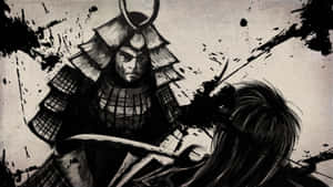 身穿盔甲的武士戰士在風格化的墨水戰鬥場景中與對手對峙。