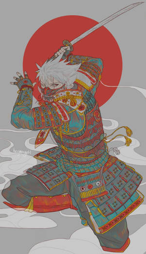 動漫武士戰士穿著彩色盔甲，在紅色太陽下揮舞劍。