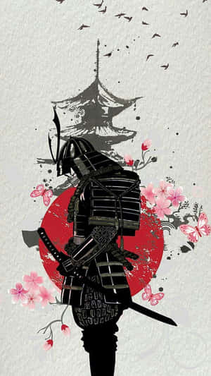 身穿黑色盔甲的武士，櫻花和寶塔，以紅日為背景。