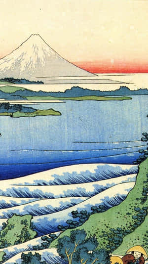 富士山俯瞰一個有風格化波浪和一個戴草帽人物的湖泊。