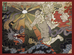 一個神話中的神祇站在波浪之上，在陽光下用腳與龍搏鬥。