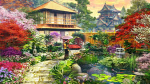 一個人撐著傘走過一個色彩繽紛的日本花園，內有錦鯉池和傳統建築。