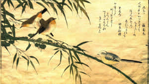 三隻小鳥在竹枝上，背景是米色紙張上的日本書法。