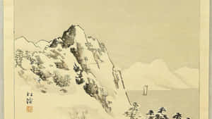 傳統日本水墨畫中的雪山，上有松樹，平靜的水面上有一艘帆船。