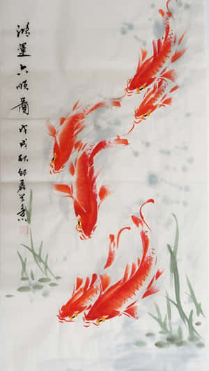 六條紅色錦鯉在帶有書法的中國水墨畫中游弋於綠色蘆葦之間。 — 錦鯉 壁紙