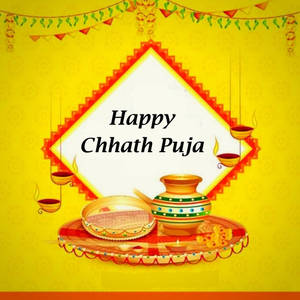 快樂的Chhath Puja問候，托盤上有懸掛的油燈和儀式物品。