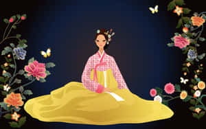 一位穿著傳統韓國服飾的女子，被花朵和蝴蝶環繞。