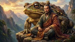 自來也威風凜凜地坐在懸崖上，伴隨一隻巨大蛤蟆，背景是夕陽西下。 — 自來也 GIF 壁紙