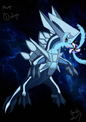 Mega Dialga，一隻藍銀色龍，站在宇宙星雲中。