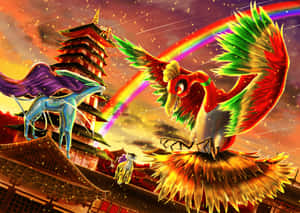 神話中的鳳凰和龍在彩虹和星星的發光寶塔上空飛翔。