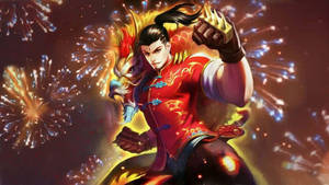 身穿紅色服裝的動漫戰士，被煙火和龍伴侶包圍。 — 龍 壁紙