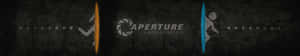Aperture Laboratories 標誌，帶有橙色和藍色發光人物，背景為深色。