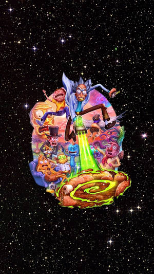 Rick Sanchez 與團隊在星群環繞的發光傳送門上漂浮於太空。