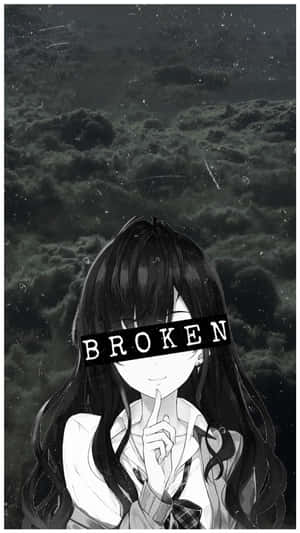 動漫女孩在暴風雨天空下，手指放在唇邊，被「BROKEN」文字遮住 — 可憐動漫 壁紙