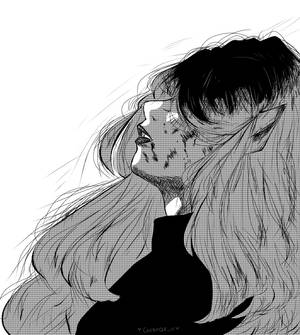 一位痛苦的精靈耳動漫女性，帶著淚水，以黑白素描線條呈現。 — Honor Magic V Flip 2 壁紙