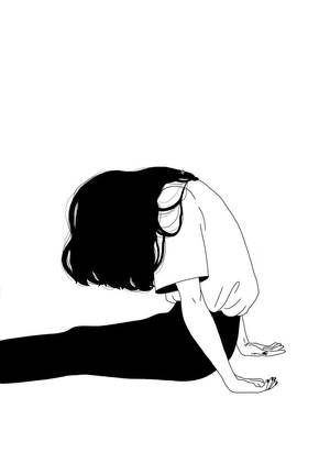 一個人在極簡線條畫中蹲伏低頭。
