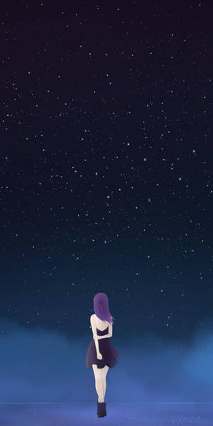 紫發動漫女孩站在星空下。